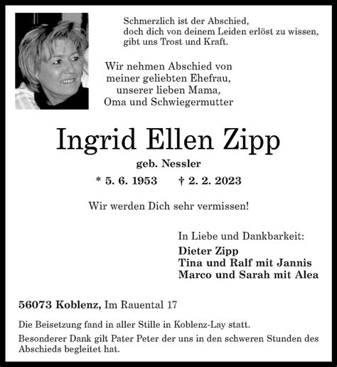 Traueranzeigen Von Ingrid Ellen Zipp Rz Trauer De