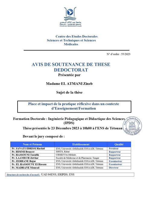 Soutenance De Doctorat En Sciences Mme EL ATMANI Zineb FS Tétouan