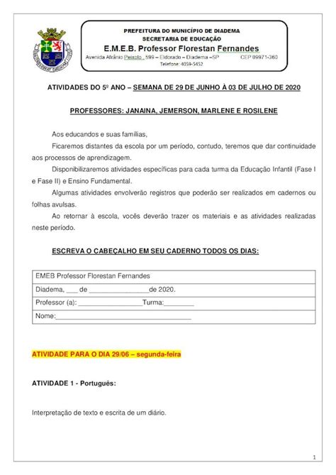 Pdf Atividades Do Ano Semana De De Junho Educacao