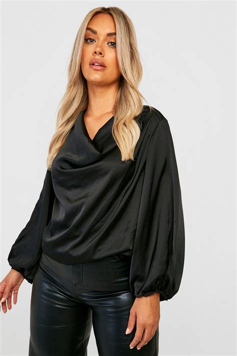 Black Plus Satin Cowl Neck Blouse Boohoo Uk