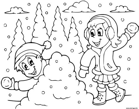 Coloriage Bataille De Neige Entre Fille Et Garcon Hiver Dessin Hiver