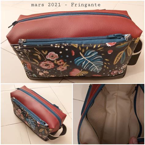 Trousse De Toilette Fringante En Simili Rouge Et Enduit Fleuri Cousue