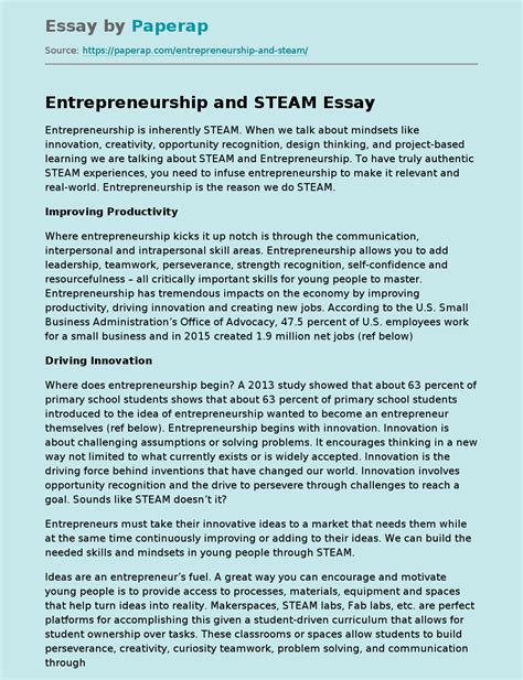 Entrepreneurship And Steam Free Essay Example