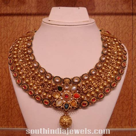 Navarathna Antique Choker Necklace Set South India Jewels