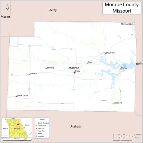 A Map Of The State Of Monroe County With Major Cities And Roads In Red