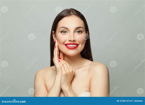 Perfect Brunette Woman With Clear Skin On White Skincare And Facial Treatment Concept Stock