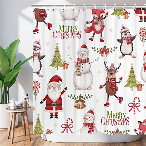 Newhomestyle Christmas Shower Curtain Red Winter Snowman Penguin