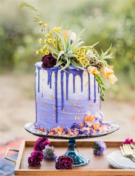 Cosmic Desert Purple Drip Cake With Gold Flakes Naked Wedding Cake