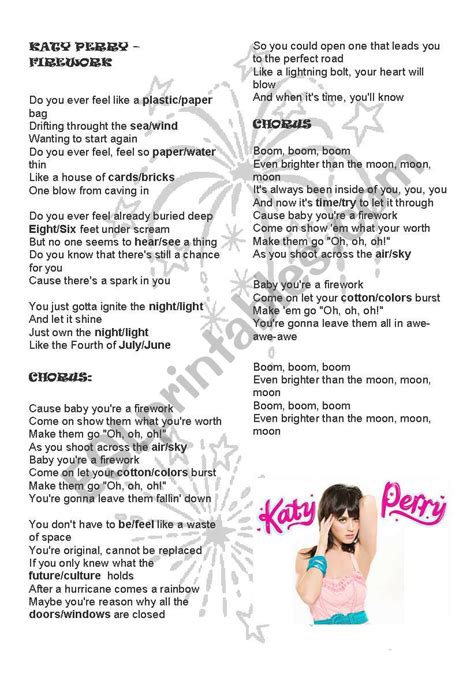 Firework Katy Perry Esl Worksheet By Carol Ls