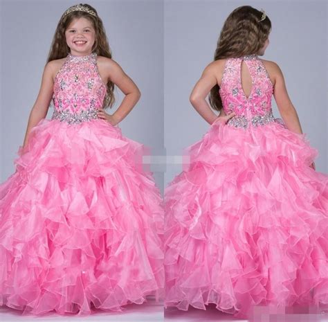 Pink Organza 2017 Girls Pageant Dresses Halter Rhinestones Beading Long