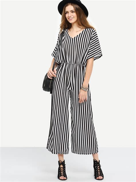 Surplice Back Vertical Striped Jumpsuit Shein Sheinside