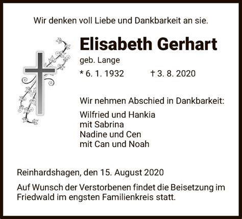 Traueranzeigen Von Elisabeth Gerhart Trauer Hna De