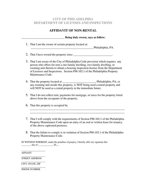 City Of Philadelphia Pennsylvania Affidavit Of Non Rental Fill Out