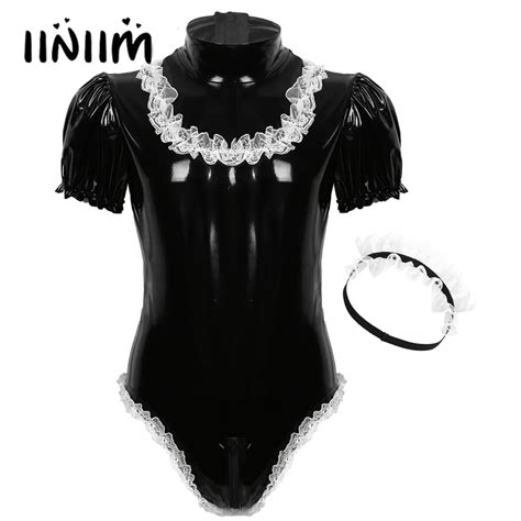 Men Adults Sissy Maid Dresses Cosplay Costume Set Wetlook Clubwear