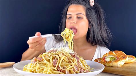 Bacon Cream Spaghetti And Mozzarella Bread Mukbang Eating Sounds