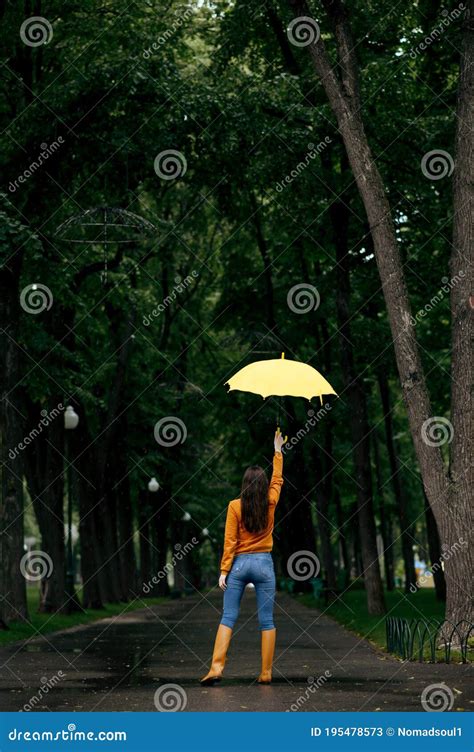 Woman With Umbrella Back View Rain In Park Stock Image Image Of