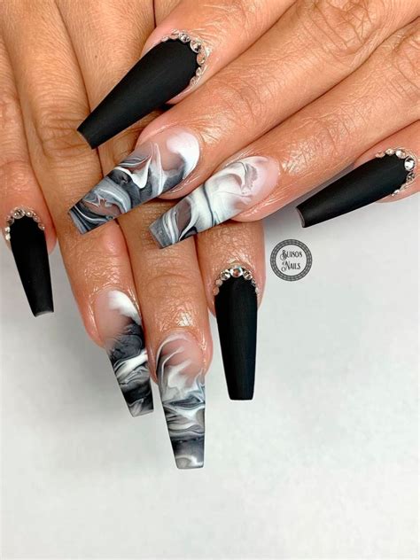 Matte Black Nails With Marble Nail Art Idea Black Coffin Nails Gel