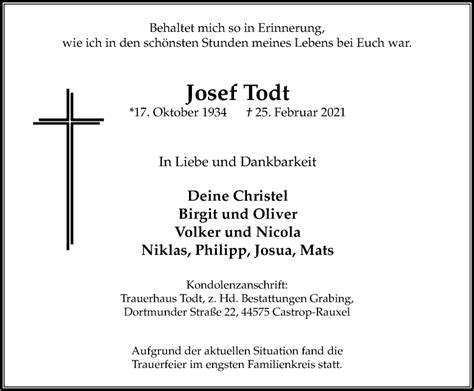 Traueranzeigen Von Josef Todt Trauer In NRW De