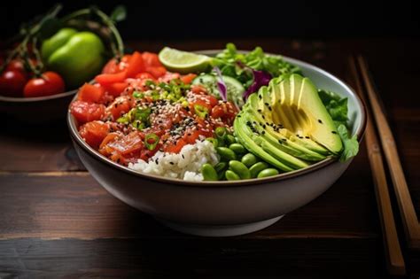 Premium AI Image | Colorful Hawaiian Poke Bowl With Tuna And Avocado