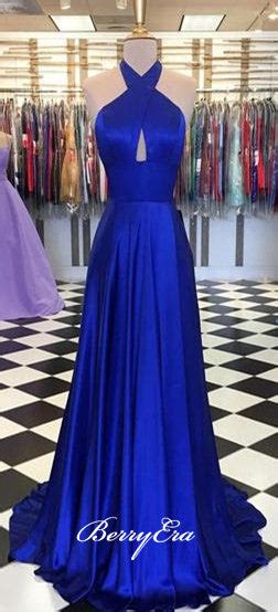 Halter Royal Blue Long Prom Dresses Simple Elastic Satin Prom Dresses