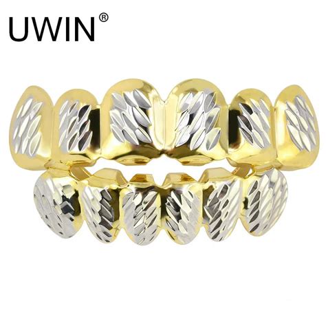 Uwin New Gold Silver Dlampnd Cut Tooth Top Bottom Grills Teeth Caps