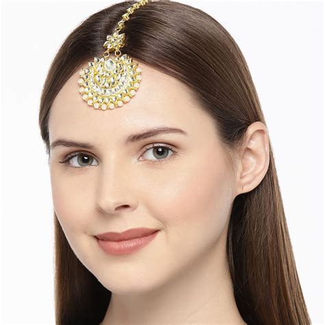 Accessher Women Gold Plated White Jadau Kundan Chaandbali Style Maang