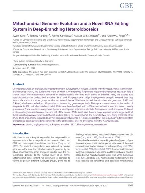 (PDF) Mitochondrial Genome Evolution and a Novel RNA Editing System in Deep-Branching ...