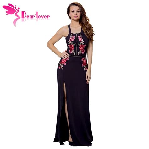 Dear Lover Sexy Clubwear Vestidos Largos Negro Alto Dividir Bordado