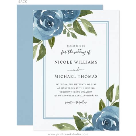 Dusty Blue Watercolor Floral Wedding Invitations - Print Creek Studio Inc