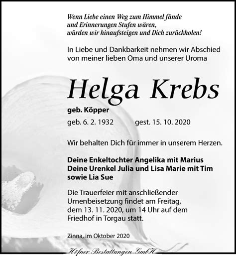 Traueranzeigen Von Helga Krebs Trauer Anzeigen De