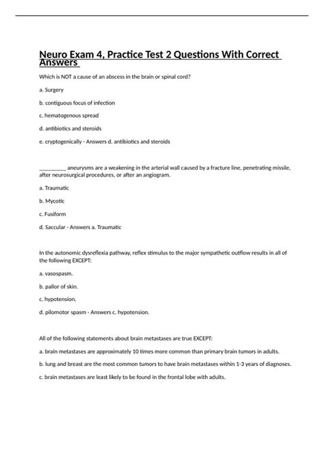 Neuro Exam 4 Practice Test 2 Questions With Correct Answers