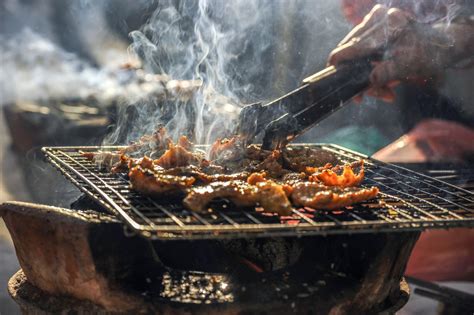 무료 이미지 연기 식품 빨간 조리 해물 바비큐 불 야외 파티 돼지 고기 맛있는 아시아 음식 요리 한