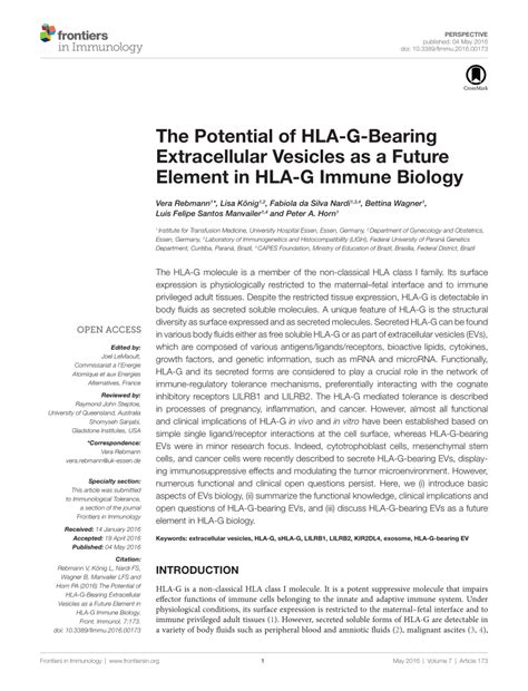 Pdf The Potential Of Hla G Bearing Extracellular Vesicles As A Future