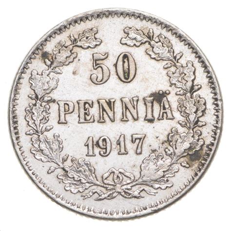 1917 Finland Russian 50 Pennia Silver Coin Civil War Coinage Kerenski