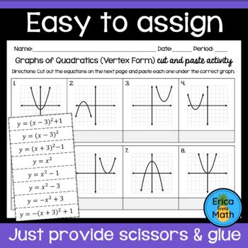 Graphs Of Quadratic Functions In Vertex Form Activity Cut Paste