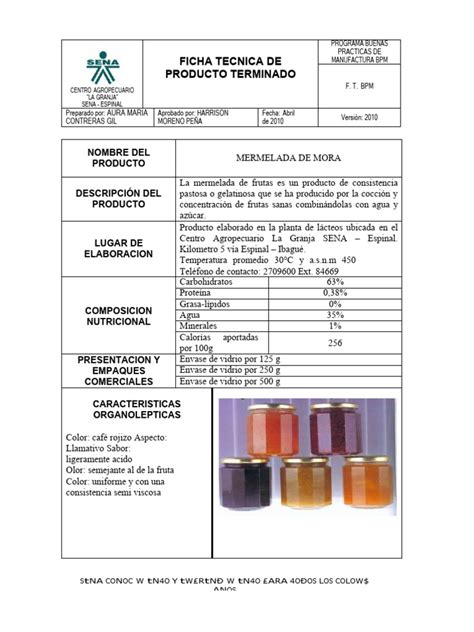 Ficha Tecnica De Producto Terminado Sena Pdf Alimentos Nutrición