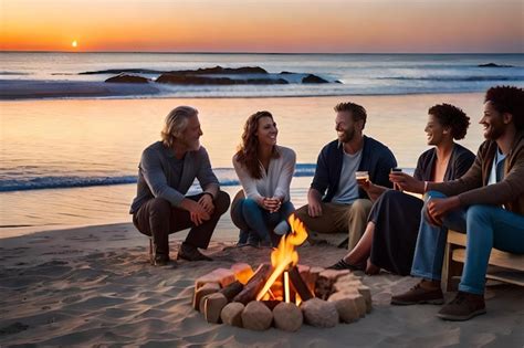 Una Familia Se Sienta Alrededor De Una Fogata En La Playa Al Atardecer