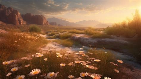 Premium Photo | Field of daisies with beautiful sunset sky generative ai