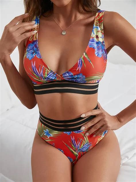 2024 New Leaves Printed Bikin High Waist Two Pieces Bikini Sets