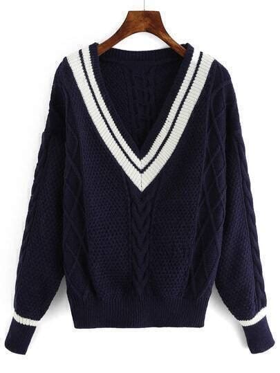 Navy V Neck Striped Trim Sweater Sheinsheinside