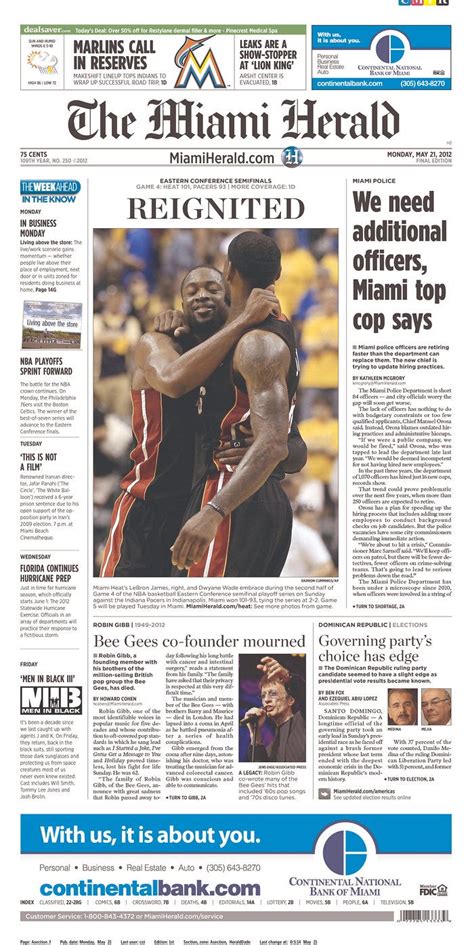 Miami Herald Front Page May 21, 2012: Dwyane Wade, LeBron James ...