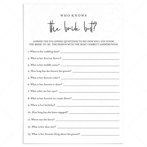 Who Knows The Bride Best Game Printable Modern Minimalist Littlesizzle