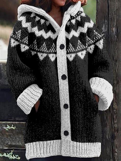 Comstylish Vintage Icelandic Pattern Cozy Hooded Cardigan