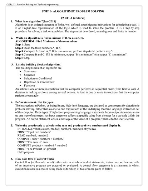 GE3151 Python Question Bank Problem Solving And Python Programming