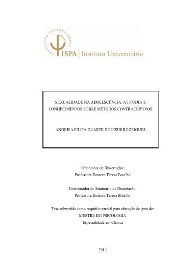 Sexualidade Na Adolescência Atitudes E Conhecimentos Sobre Métodos