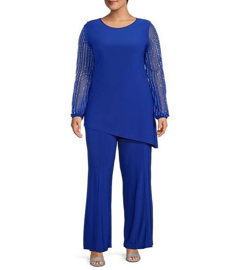 Marina Plus Size Beaded Long Sleeve Crew Neck 2 Piece Pant Set Dillards