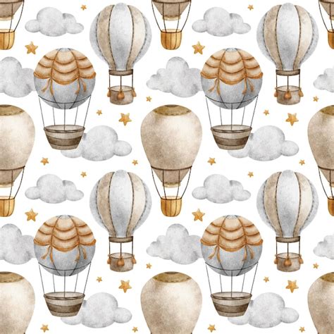 Premium Vector Hot Air Balloon With Basket Clouds And Stars