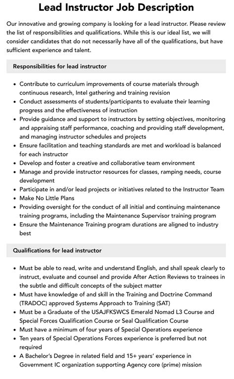 Lead Instructor Job Description Velvet Jobs