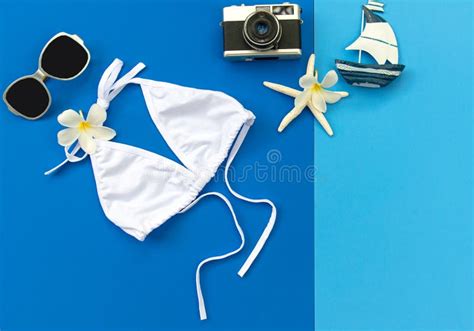 Summer Fashion Woman Swimsuit Bikini Tropical Sea Unusual Top View Colorful Background Stock