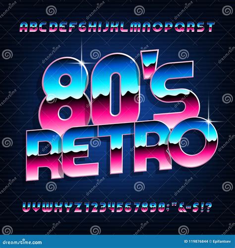 80s Retro Style Alphabet Font Metallic Effect Shiny Letters And